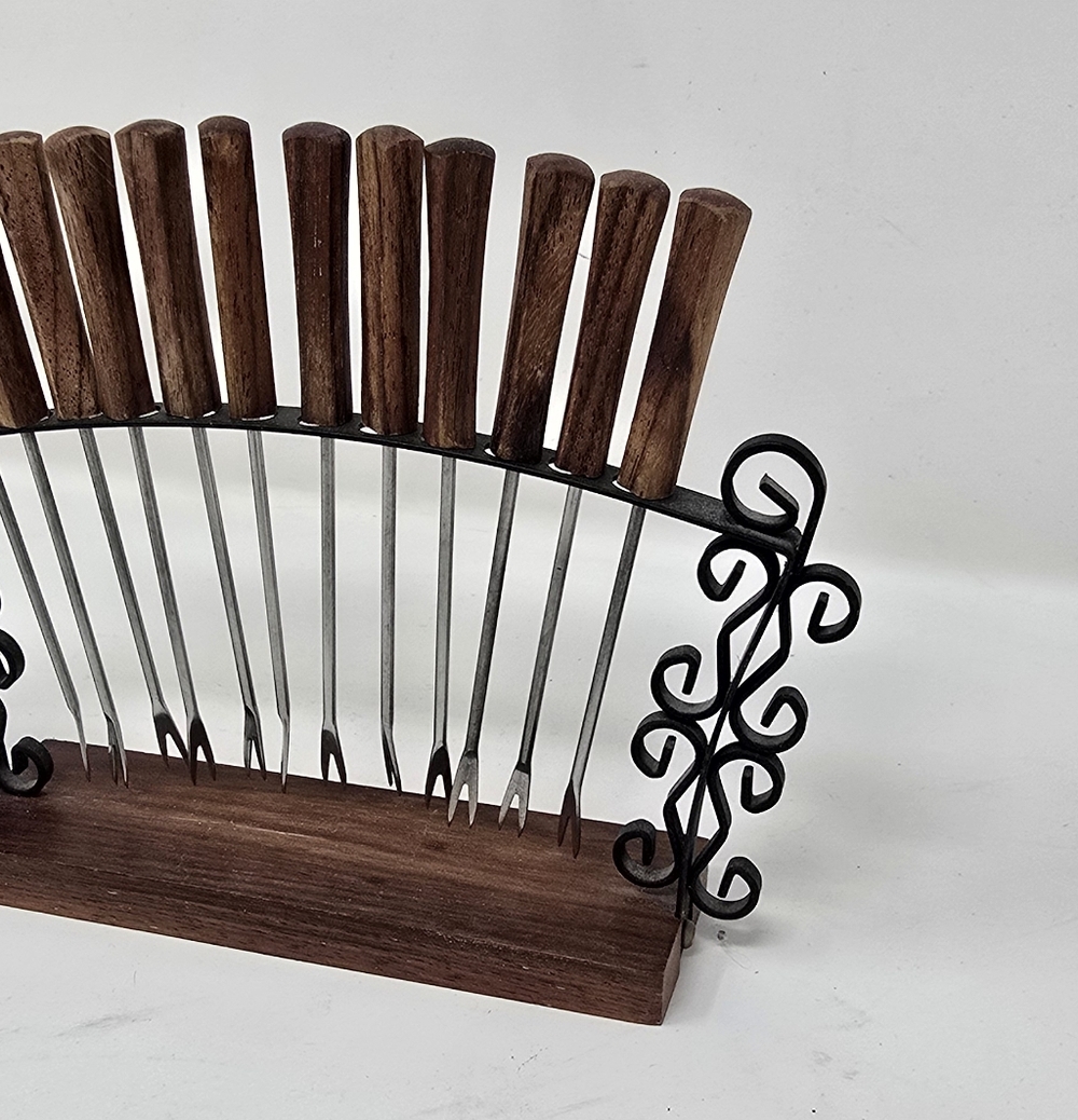 Vtg MCM 12 rosewood handle appetizer cheese cocktail forks picks w/stand Japan - Picture 3 of 6